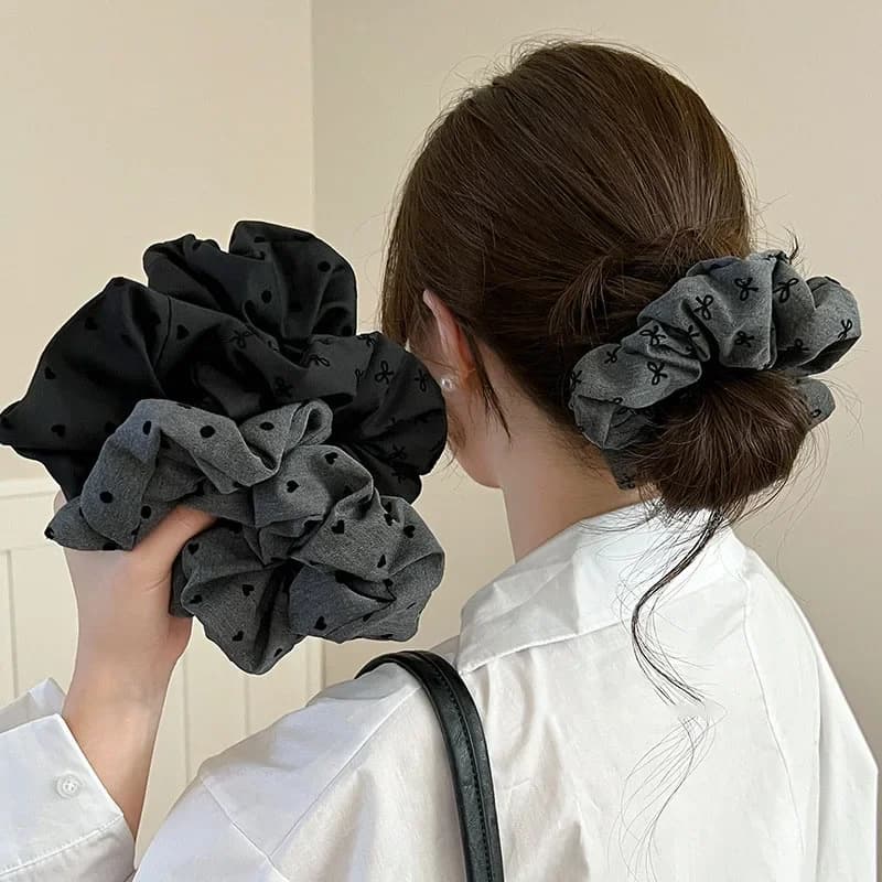 Polka Dot Hair Ties Rope Women Large Size Heart Bowknot Printed Scrunchies Grey Black Hairband Ponytail Holder Headwear