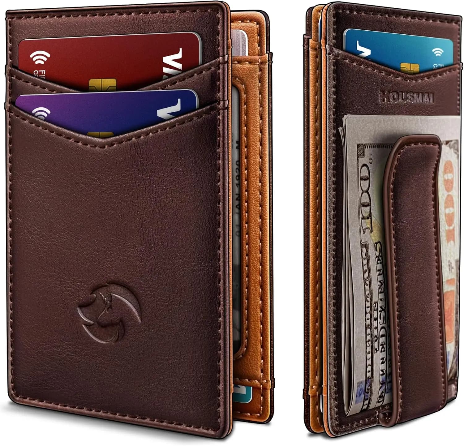 Portafoglio magnetico sottile da uomo, in vera pelle, con blocco RFID, 3,9"x2,7" con fermasoldi