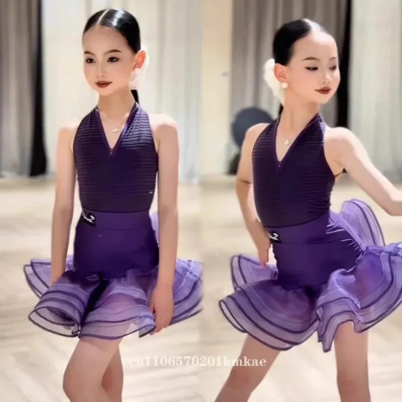 Abito da ballo latino per bambine, per performance e pratica, con ampia gonna a pendolo e scollo, nuovo costume primavera estate, viola sogno, con struttura a spina di pesce