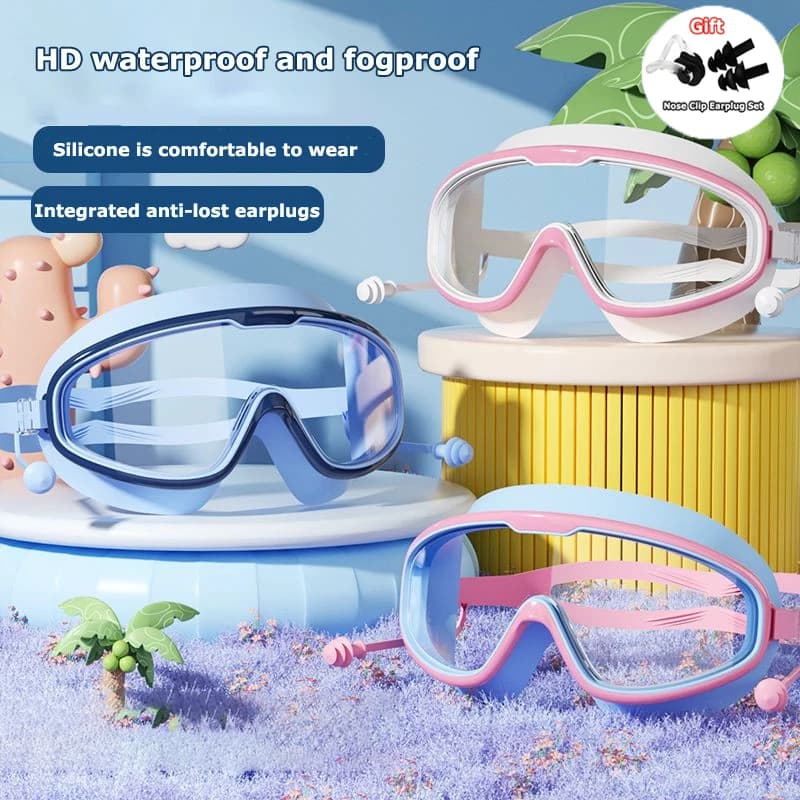 Swim glasses with ear plugs Large frame Anti-snatching Colorful glasses waterproof for adults Beach swimming accessories for children's pool