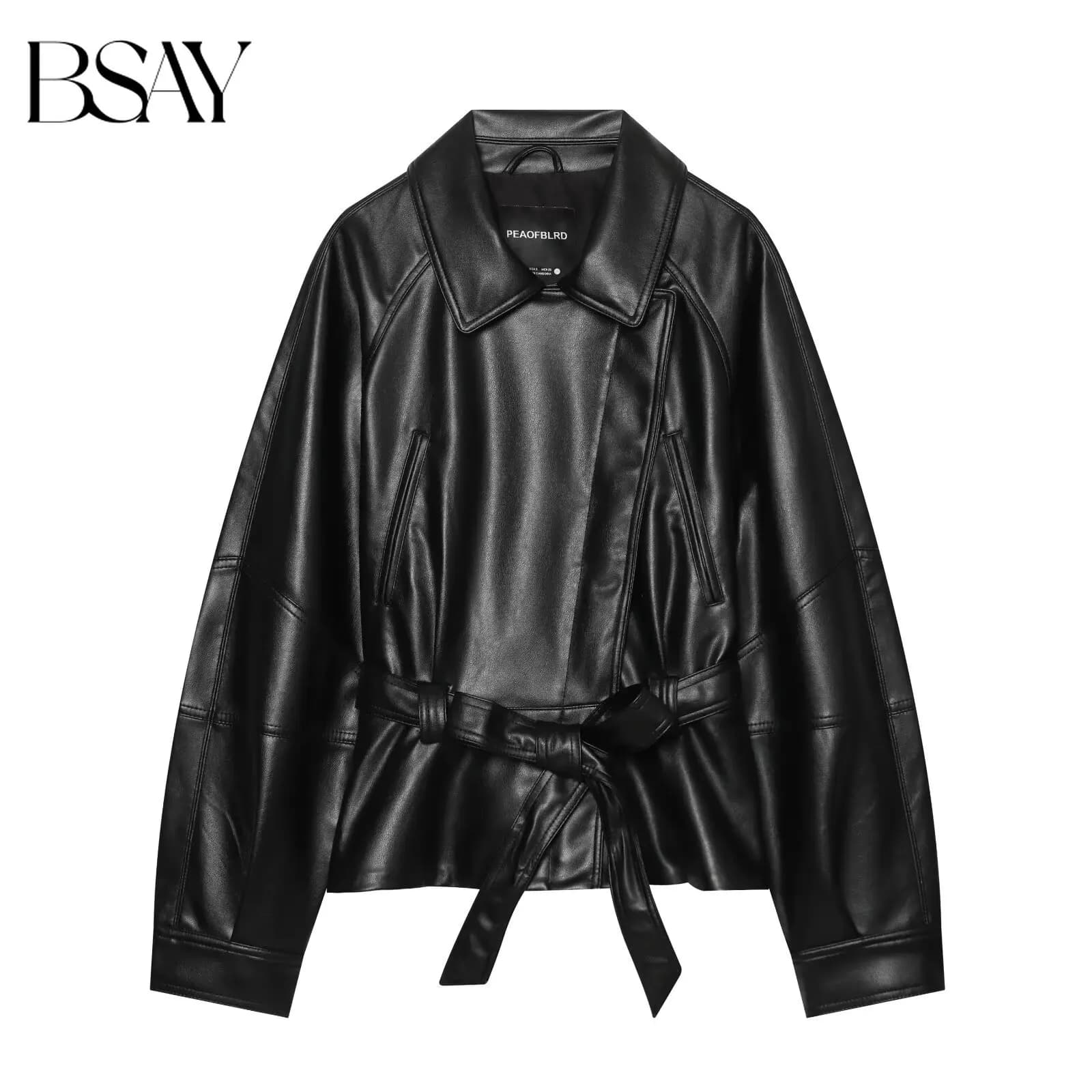 BSAY 2026 Fashion Women Korean Relaxed PU Leather Lapel Collar Belt Tie Jacket Long Sleeve Oversized Autumn Daily Outerwear Coat