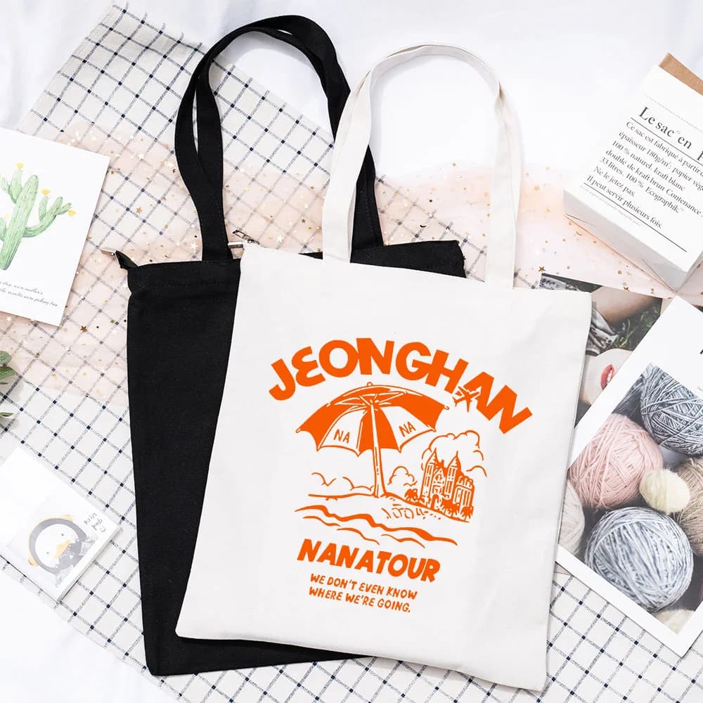 Borsa estiva semplice in tela con stampa di lettere bianche Borsa a tracolla Kpop Nanatour S.Coups Jeonghan The8 Y2k Borsa da donna Eco