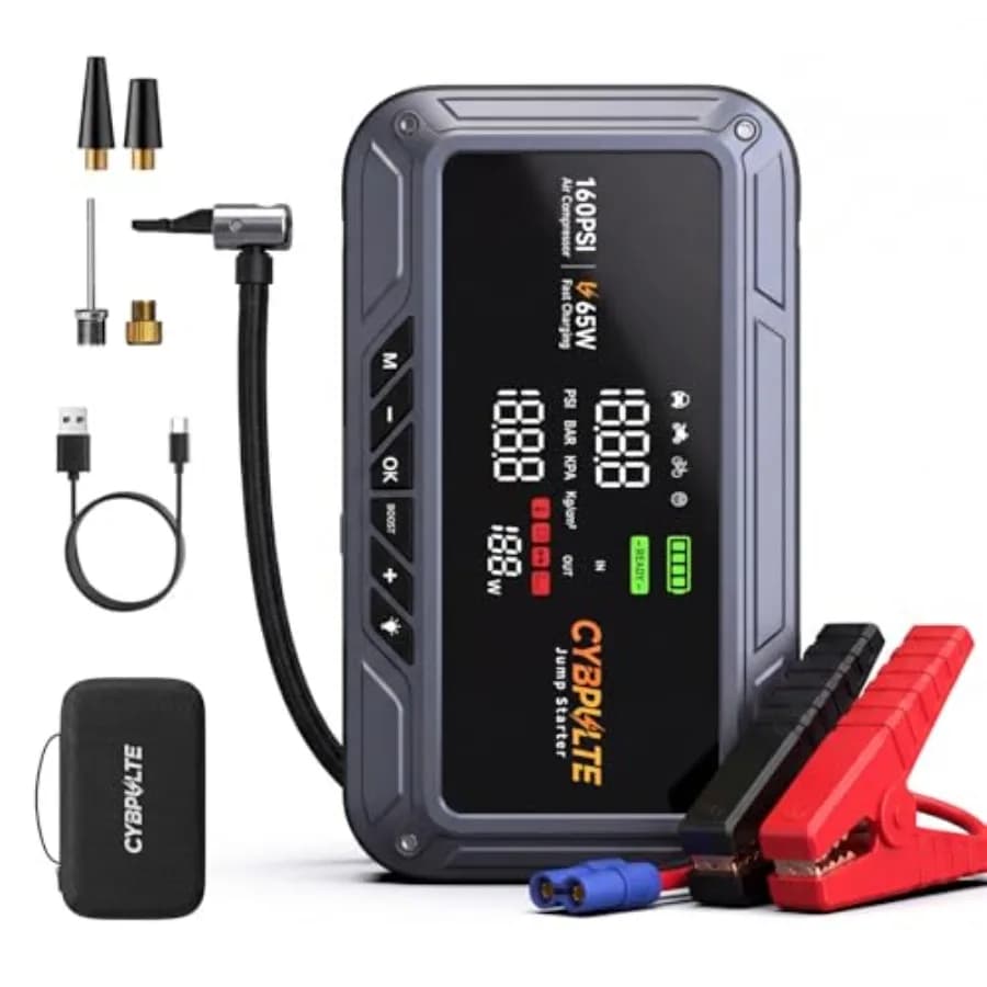 Avviatore di emergenza con compressore d'aria per auto, in plastica ABS nera, corrente di picco 8000A, pressione 160 PSI, display LCD, USB-C da 65W