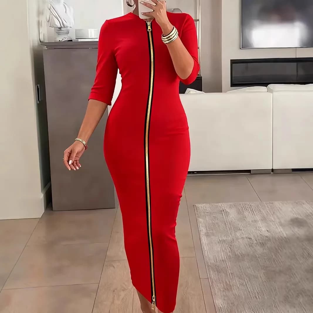 Nuova Collezione Moda 2026: Abito da Donna Sexy con Gonna a Vita Alta e Cerniera, Maniche a Tre Quarti