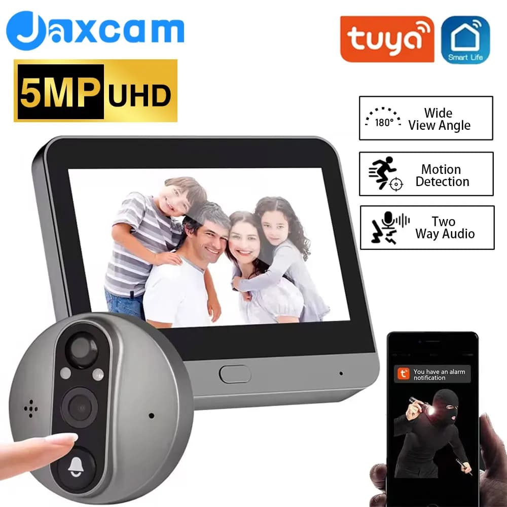 Spioncino Digitale WiFi 5MP con Batteria, App Tuya Smart Life, Rilevamento Movimento PIR, Campanello IR, Telecamera FHD Magic Eye