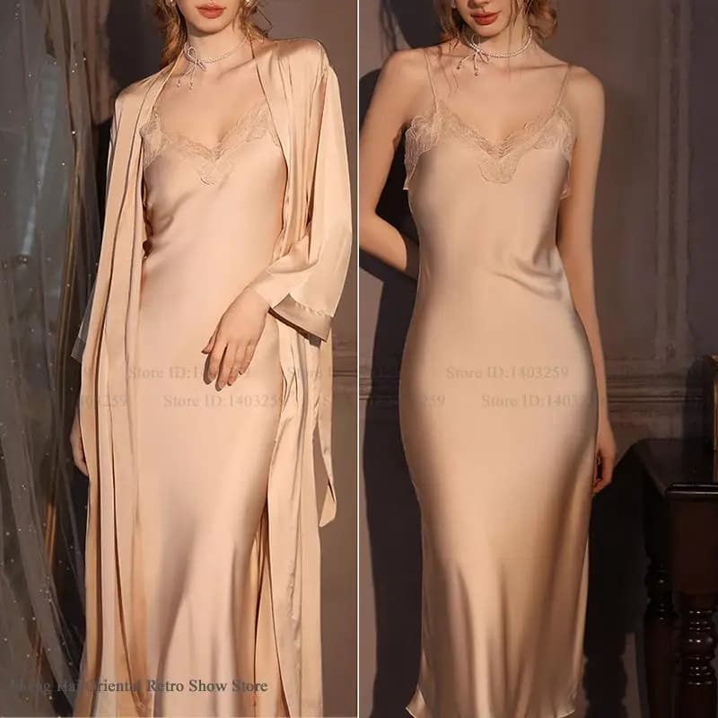 Elegante femminile Twinset Robe Set Lungo Kimono Accappatoio Abito Sexy Camicia da notte in pizzo Lingerie Primavera Autunno Nuovo Sleepwear Abito da casa