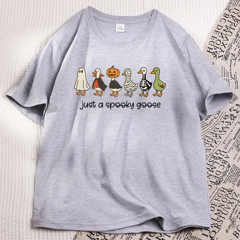 Spooky Goose Tshirts Halloween Funny Skeleton Goose T-shirts Trendy Halloween Cotton Short Sleeve Round Neck Printed