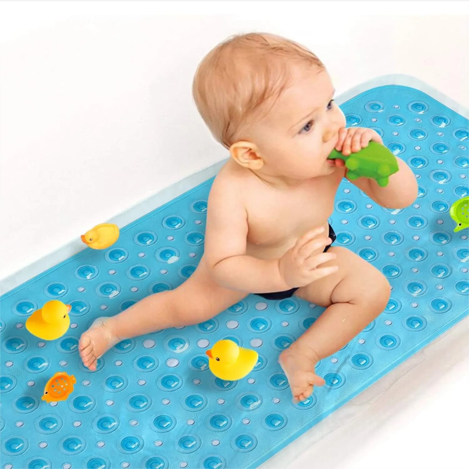 Extra Long Baby Bath Mat with 200 Suction Cups 40x16 Inch - Non Slip Bathtub Mat for Kids, Machine Washable Shower Mat Blue