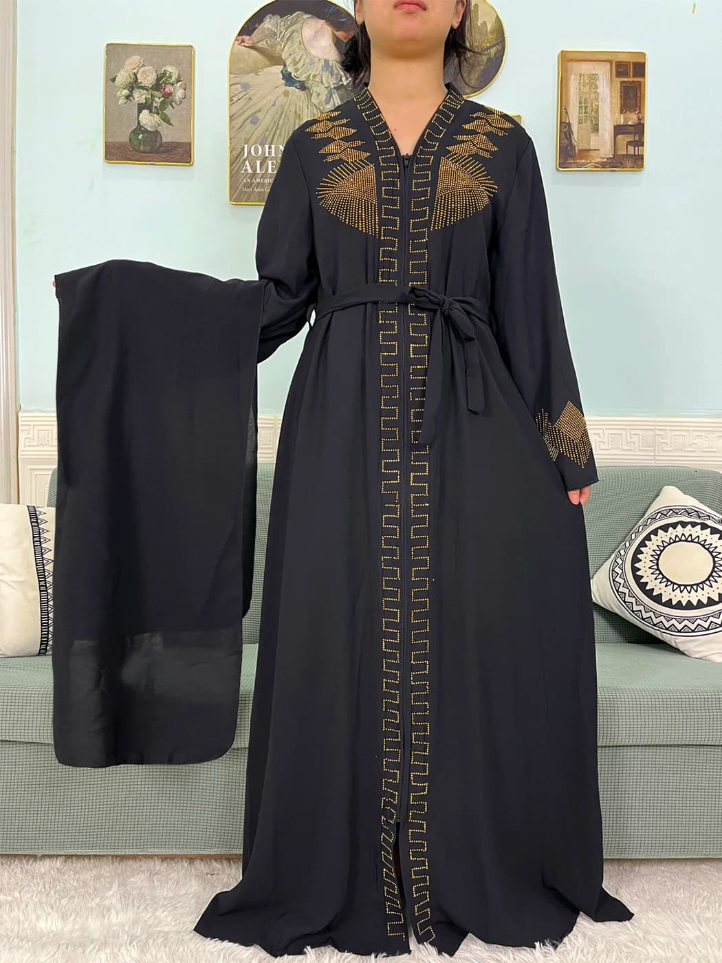Abaya musulmano in chiffon per le donne 2024 Dubai Islam Loose Fit Femme Robe a maniche lunghe con borchie di diamanti tinta unita con cintura turbante