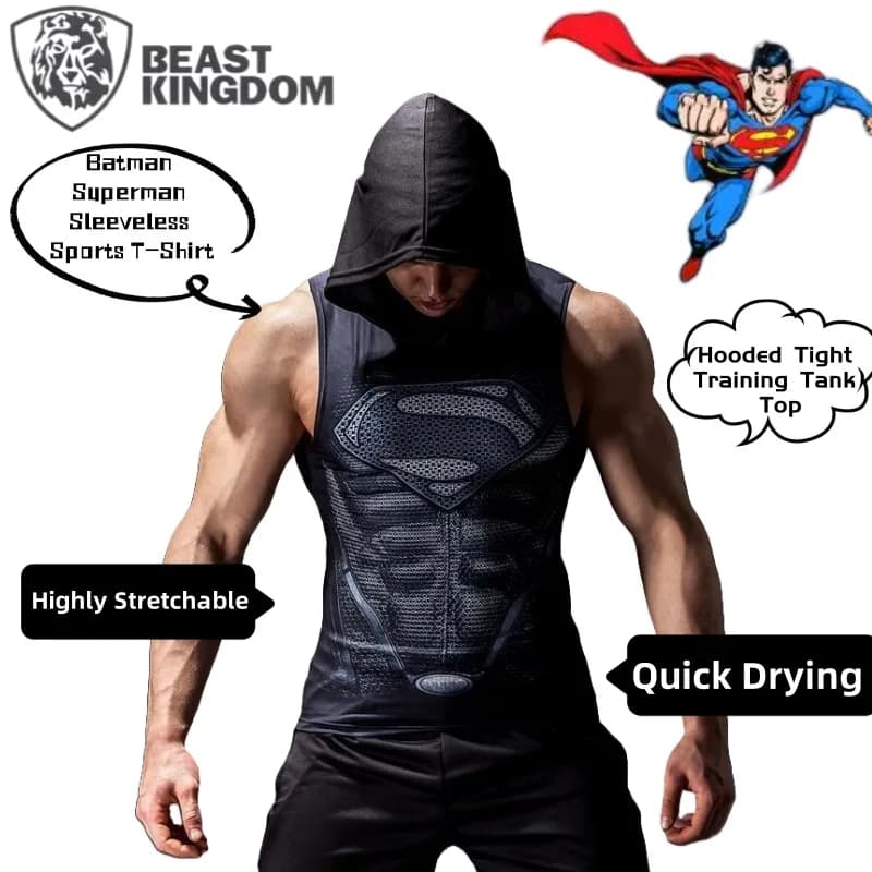 BeastKingdom Batman Superman Canotta da allenamento attillata con cappuccio creativa Cartoon Anime T-shirt sportiva senza maniche per fitness periferico