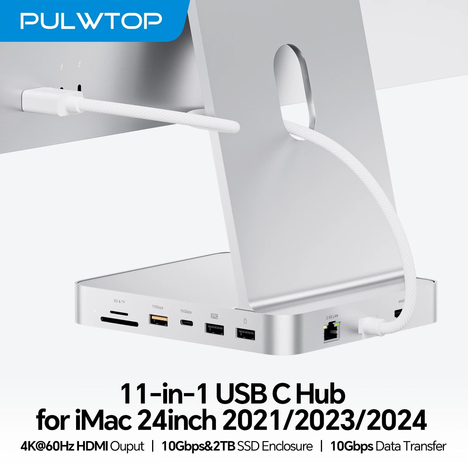 PULWTOP Hub USB C 11 in 1 aggiornato per iMac da 24 pollici, supporto SSD M.2 (NON incluso), HDMI 4K, Ethernet, USB A/C 10 Gbps, SD/TF