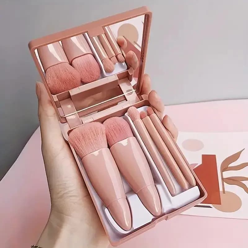 Set di 5 pennelli cosmetici piccoli e multifunzionali con custodia e specchio, set di pennelli da trucco da viaggio, mini pennelli da trucco