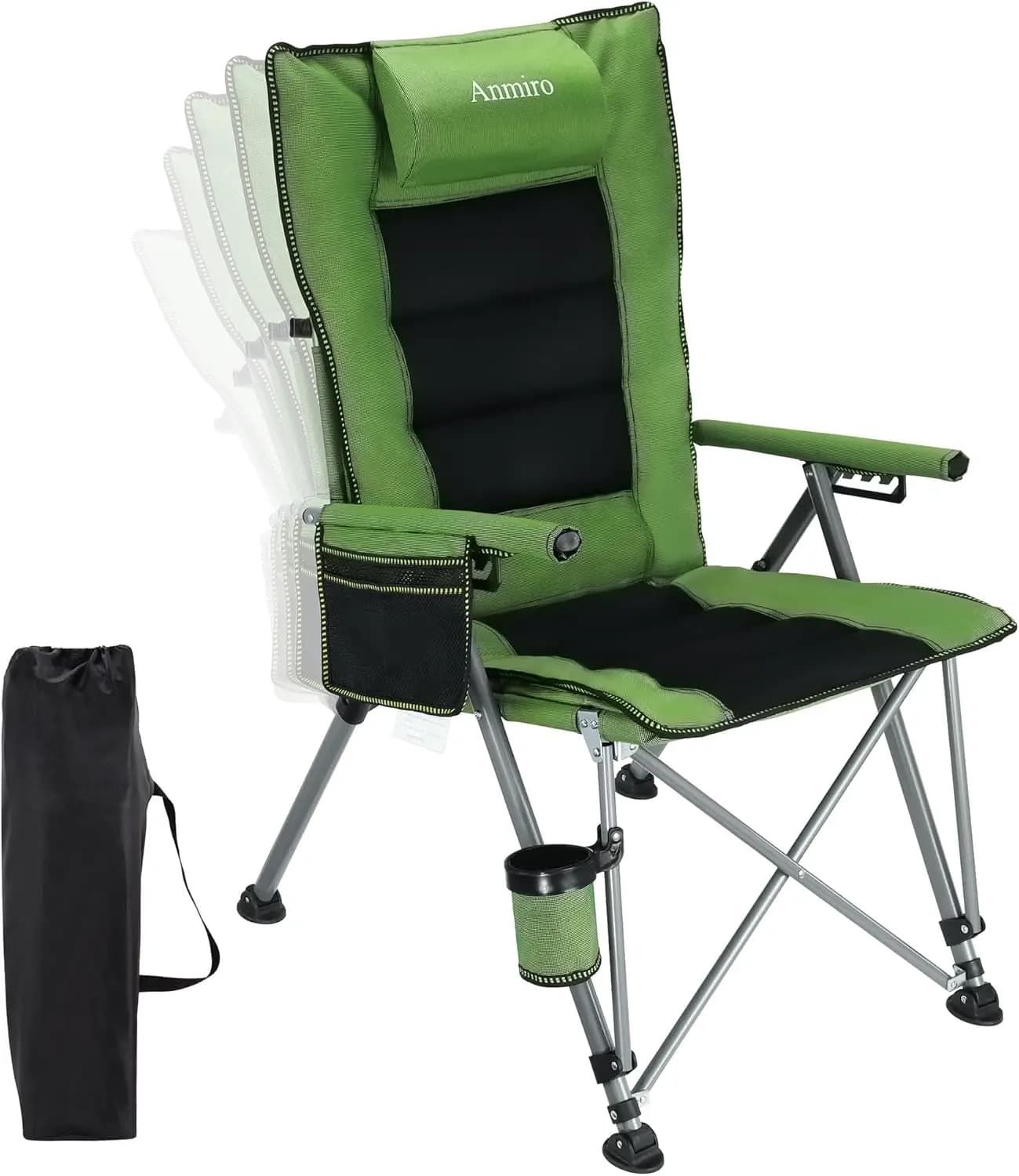 Sedia da Campeggio Pieghevole Resistente con Portabicchieri, Borsa Portaoggetti, Supporto Lombare Regolabile per Uso Esterno