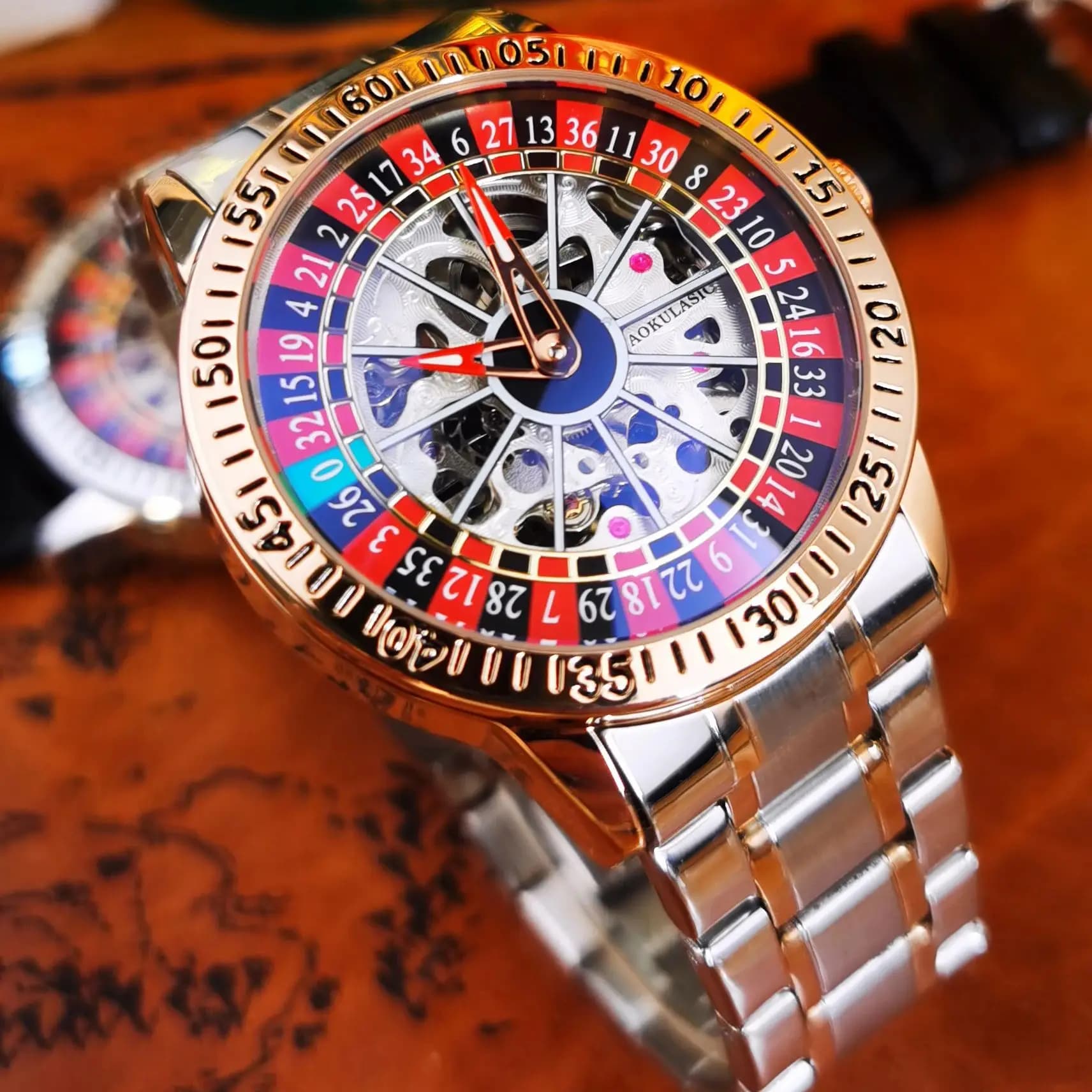 AOKULASIC Orologio Scheletrato di Lusso per Uomo con Quadrante Interno Rotante, Orologio Meccanico Automatico alla Moda con Cinturino in Acciaio Inossidabile