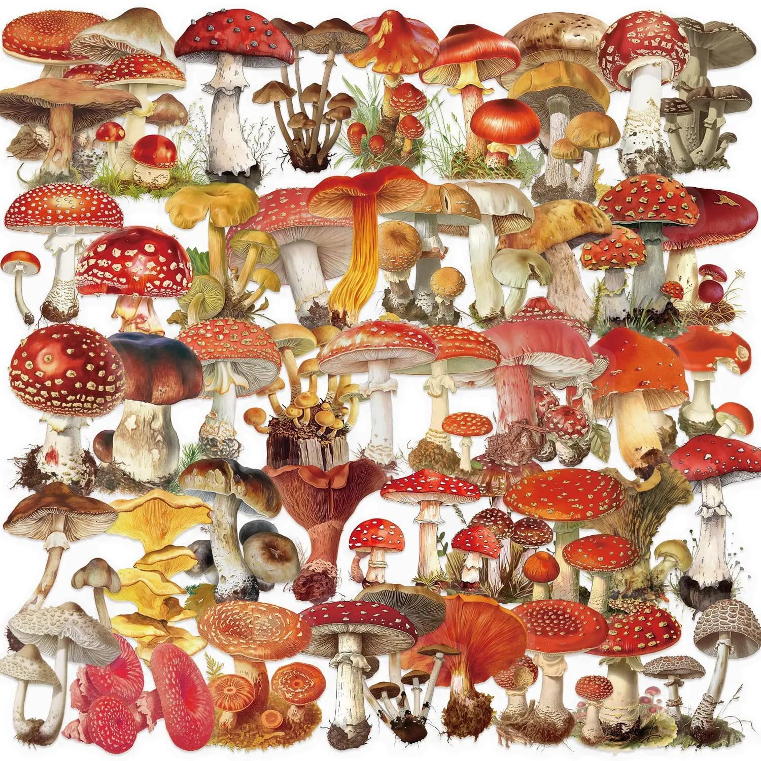 50-100 Pezzi Adesivi Retrò a Forma di Fungo, Impermeabili, Trasparenti in PET, Decorativi per Chitarra, Quaderni e Cancelleria
