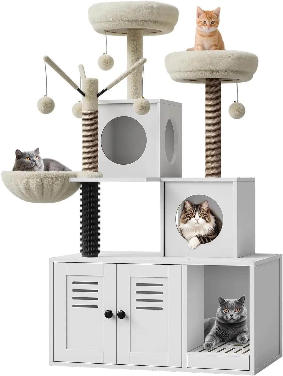 Litter Box Enclosure with Cat Tree Tower and Condo Brush Post and Passage Hidden Cat Washroom Furniture with Sisal Scratching Po