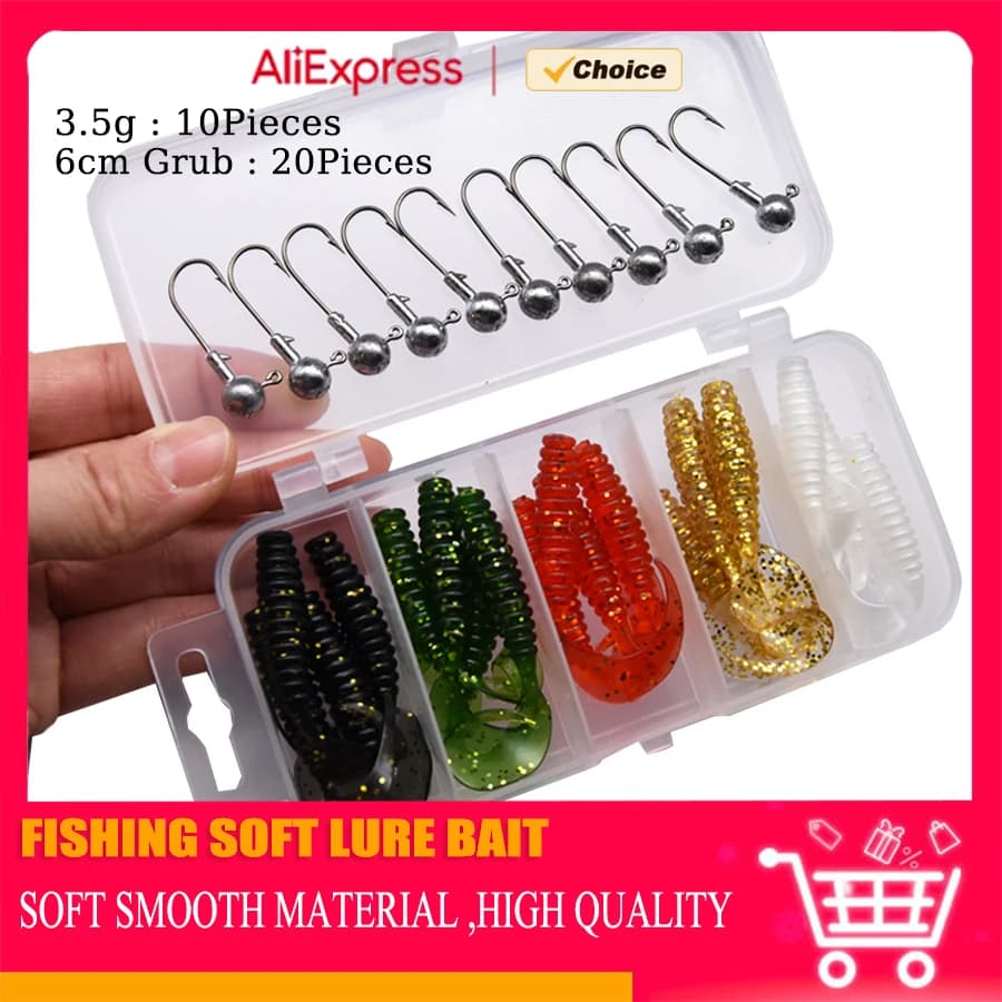 WDJYJ Set of soft baits for fishing, worm-shaped bait kit, canned packaging, fishing gear for pears, edges, sparkles and white fish.