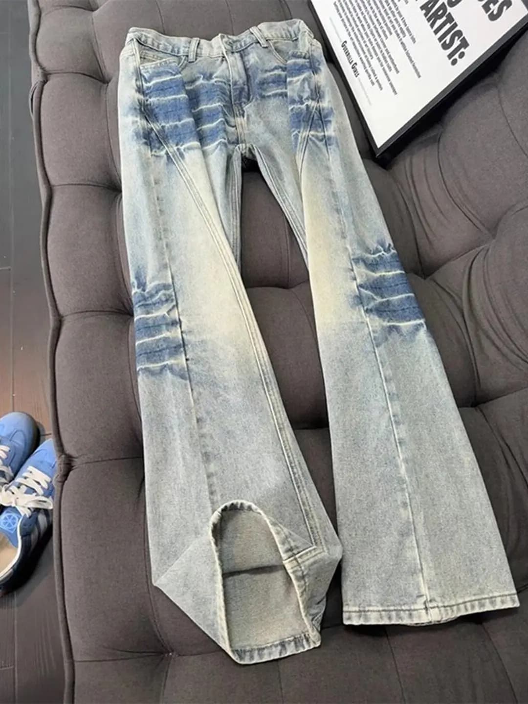 Jeans dal taglio diagonale con motivo a fulmine in stile americano, pantaloni da uomo a gamba dritta con stile high street, resistenti all'usura