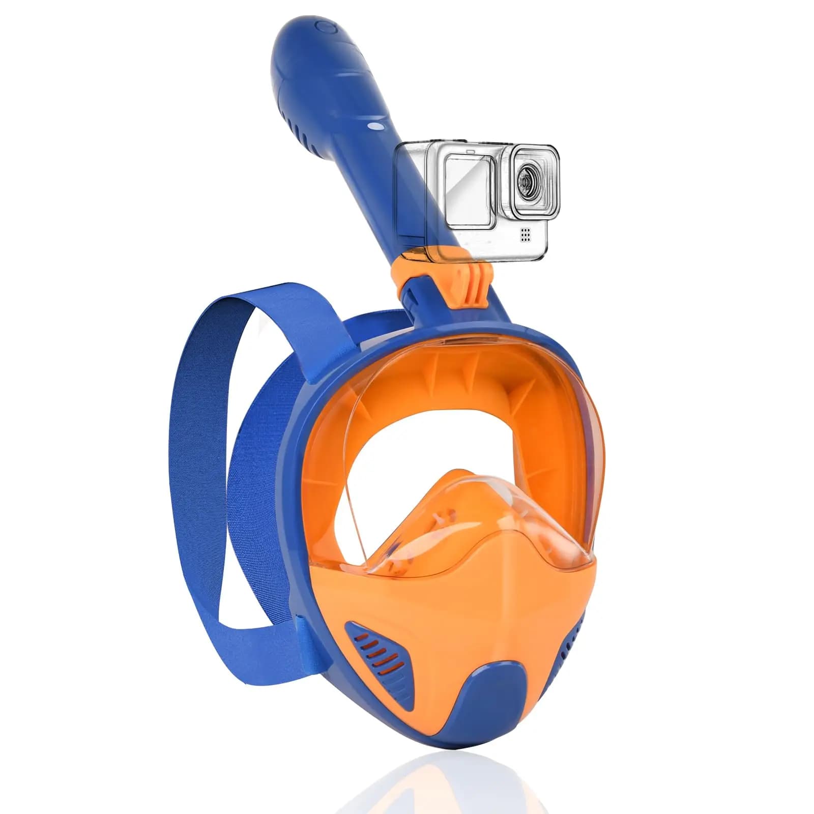 Complete snorkeling mask for adults and children with dry upper breathing system, 4 air outlets and 2 air outlets, 186 ° panoramic view, anti