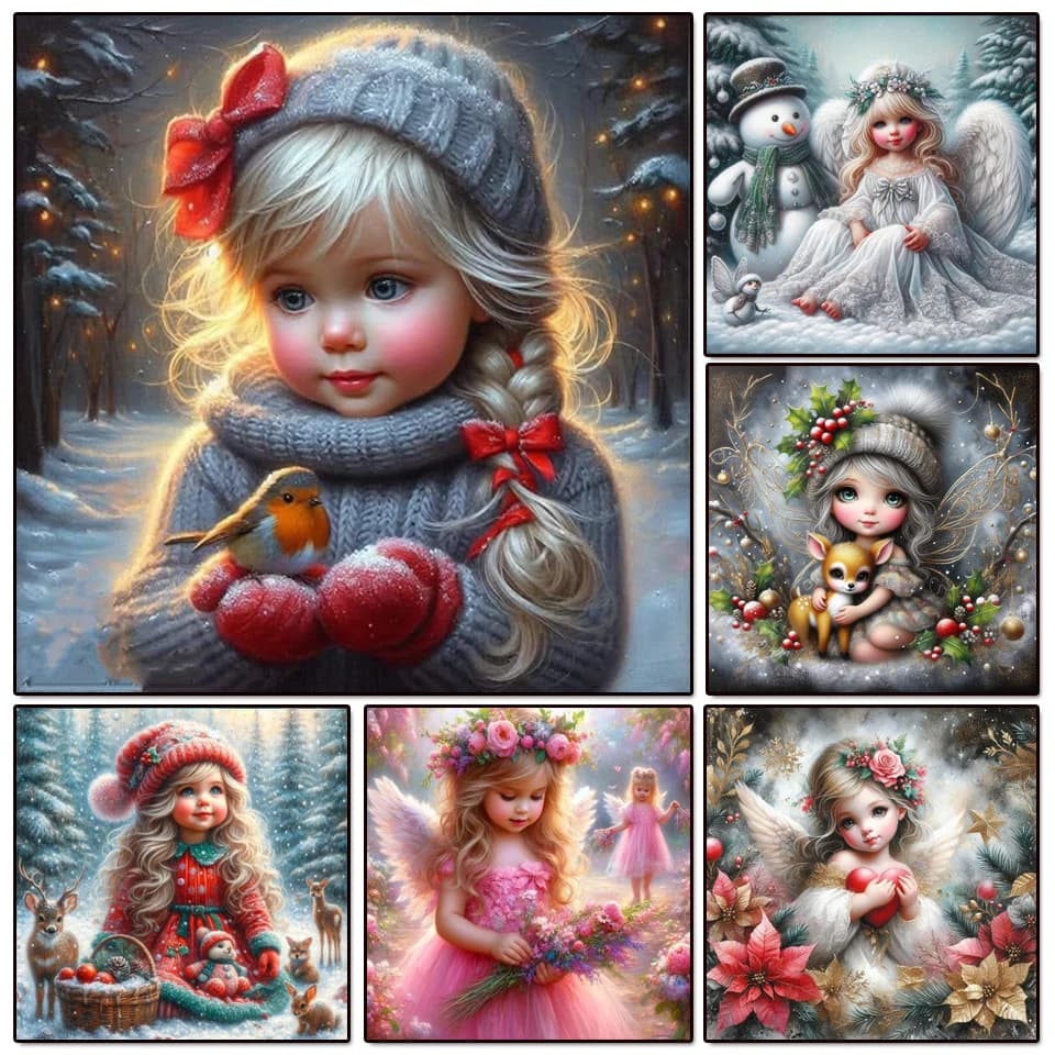 Diamond Art Painting Cross Stitch Kit Christmas Girl Little Angel Portrait Full Mosaic Deer Bird Embroidery Living Room Decor