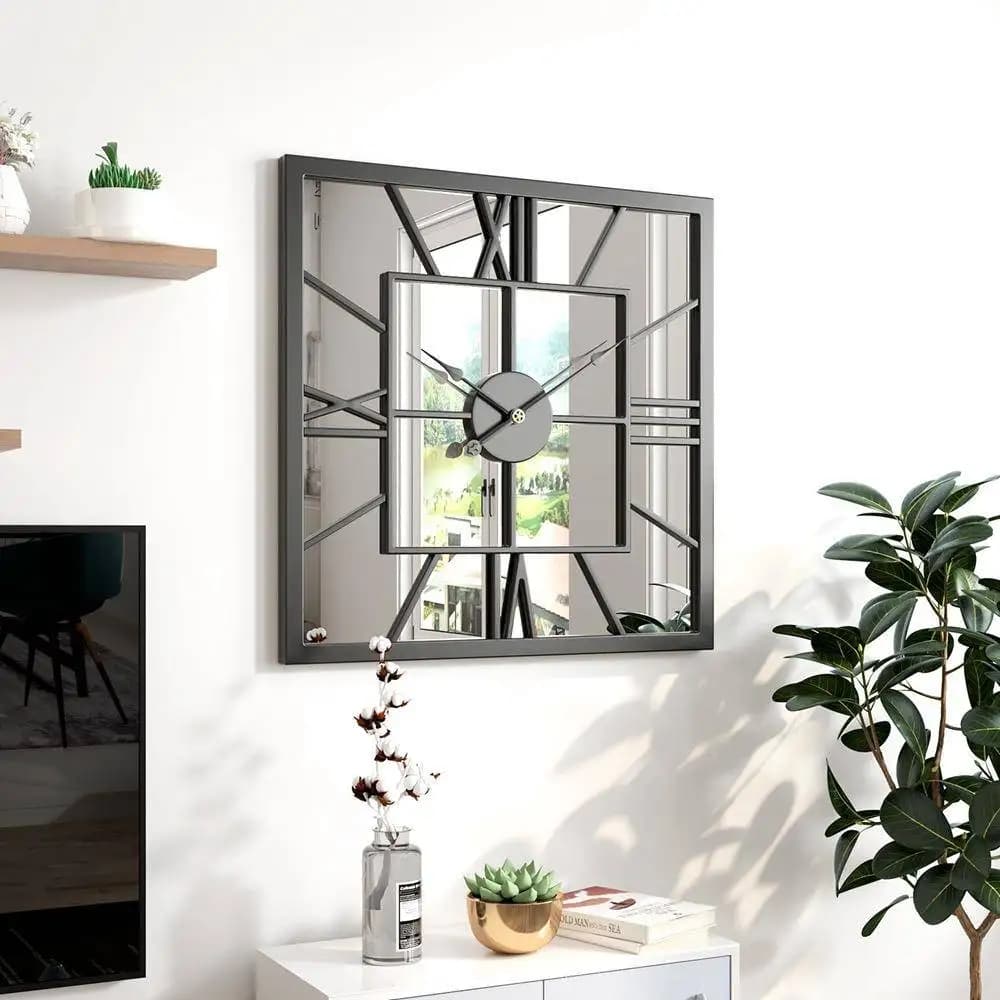 Elegant European Style Square Wall Clock Living Room Decorative Iron Art Mirror Surface Home Decorations Battery Operated