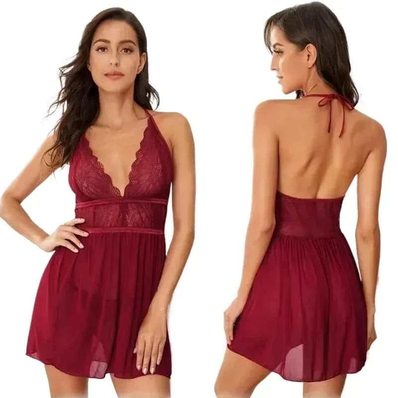 Fashionable Women's Dresses Sexy Night Shirts Lingеrie Night Dress with Neck Strap Women's Swimwear Sexy nightdress in silk lace without backrest