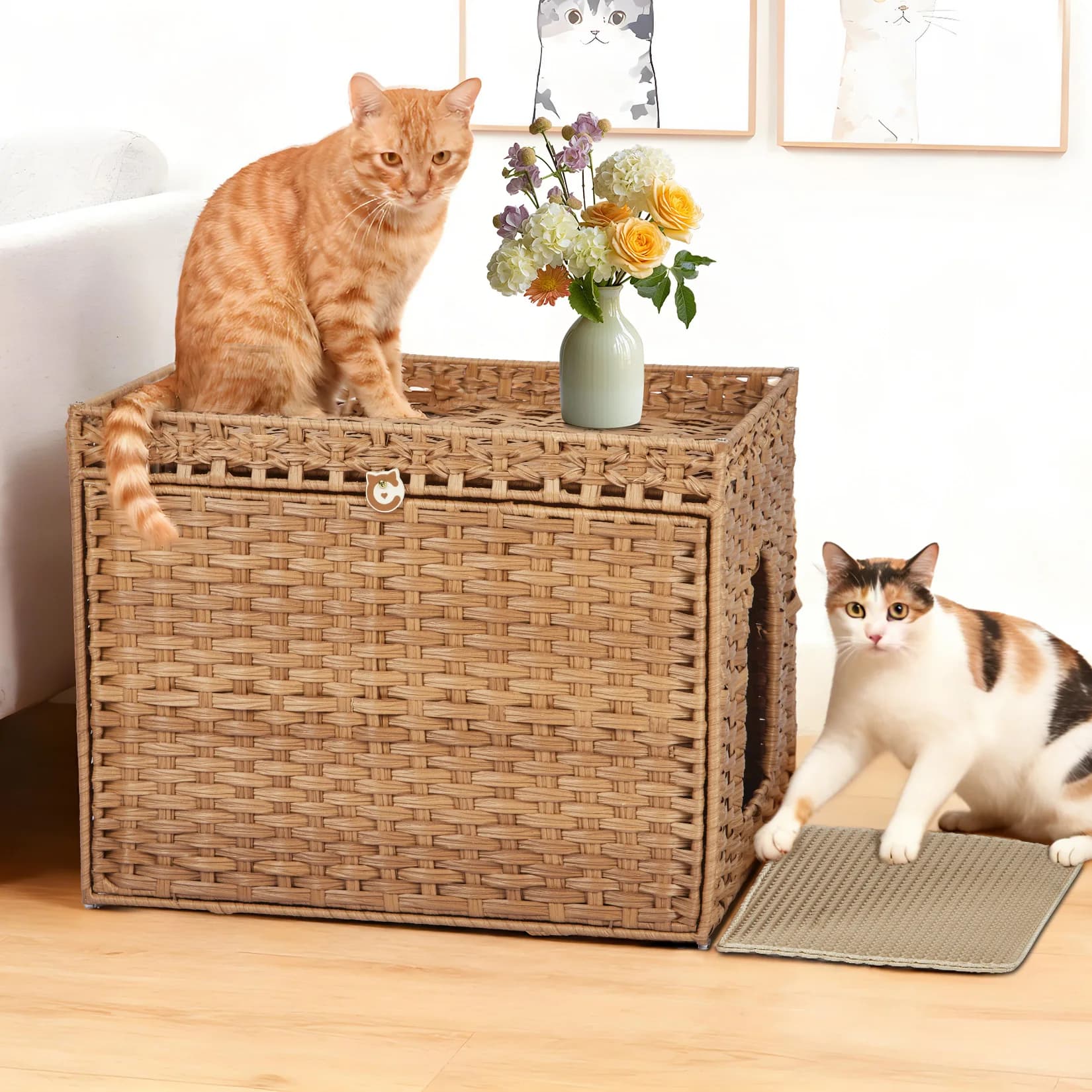 Mobiletto per lettiera per gatti in rattan, grande, da interno, con tappetino e recinzione, per soggiorno e appartamento