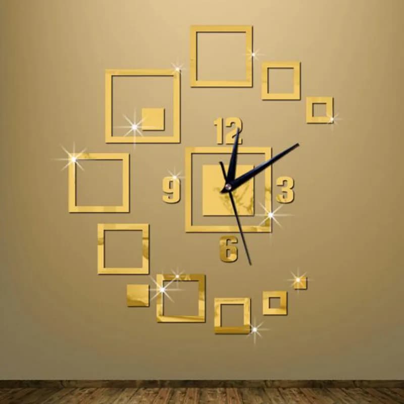 Wall clock with acrylic squat geometry DIY, digital mirror quartz adhesive, bedroom wall decoration, living room, modern style decoration