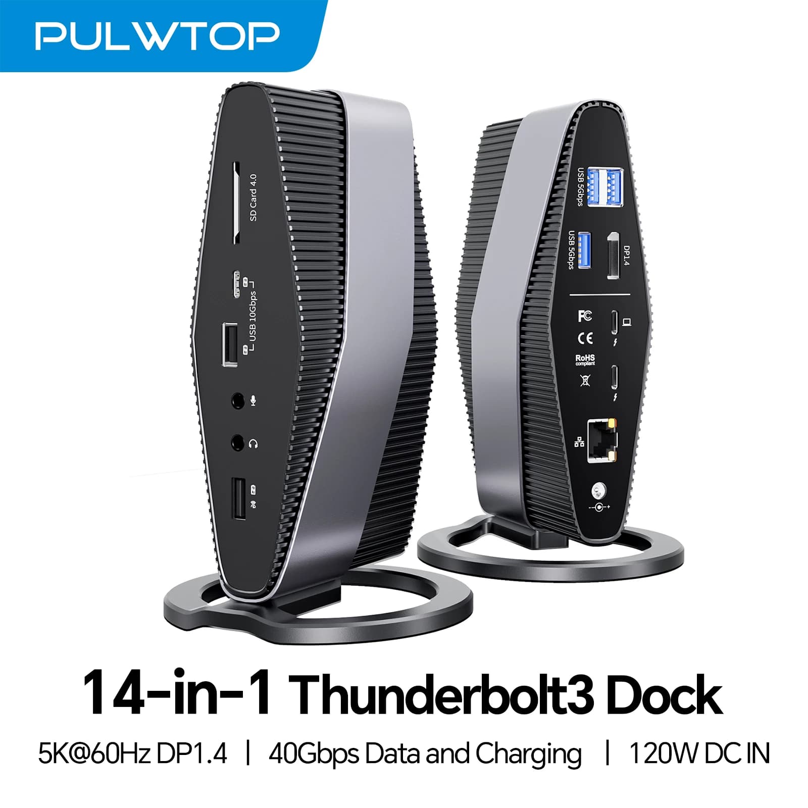 Hub PULWTOP Thunderbolt 3 (display singolo 5K, doppio 4K, 40 Gbps), con doppio monitor Display 4K, 40 Gb/s, SD/TF4.0, USB A/C 10 Gbps
