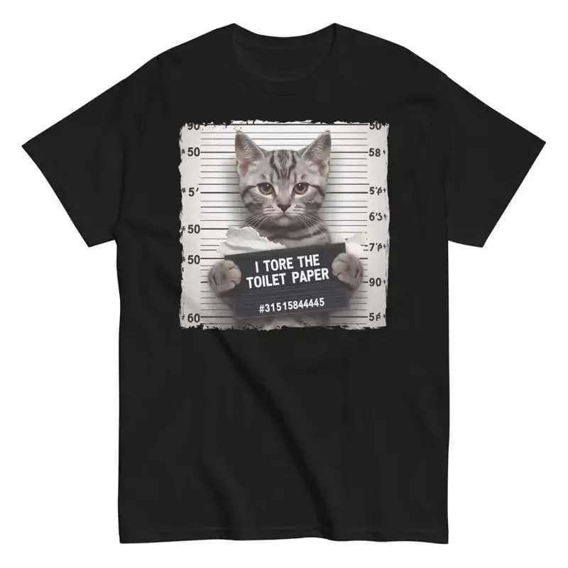 Bad Cat Mug Shot Funny Lover Cotton T Shirt I Tore The Toilet Paper