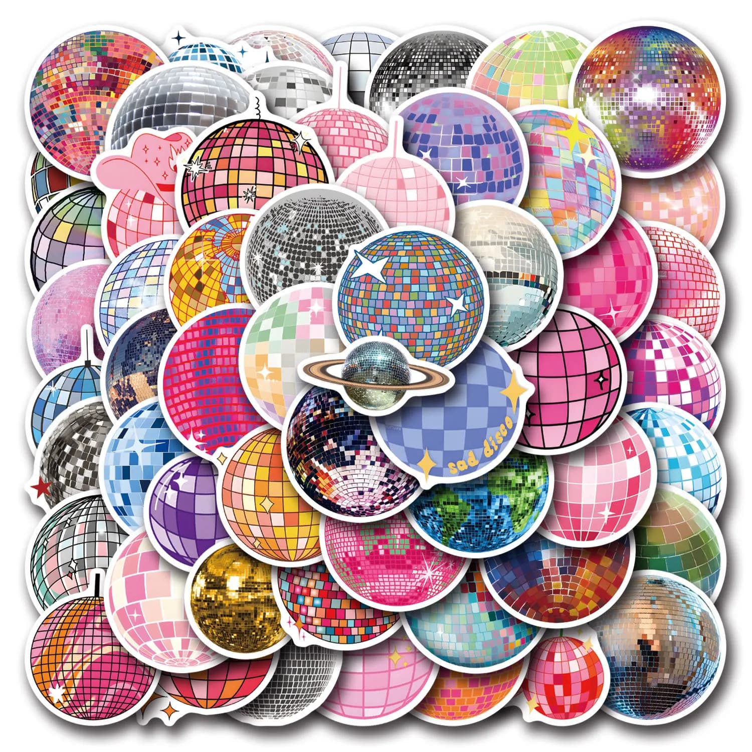 60Pcs Cool Fancy Disco Ball Stickers Disco Ball Aesthetic DIY Luggage Motorcycle Phone Laptop Party Decoration Stick