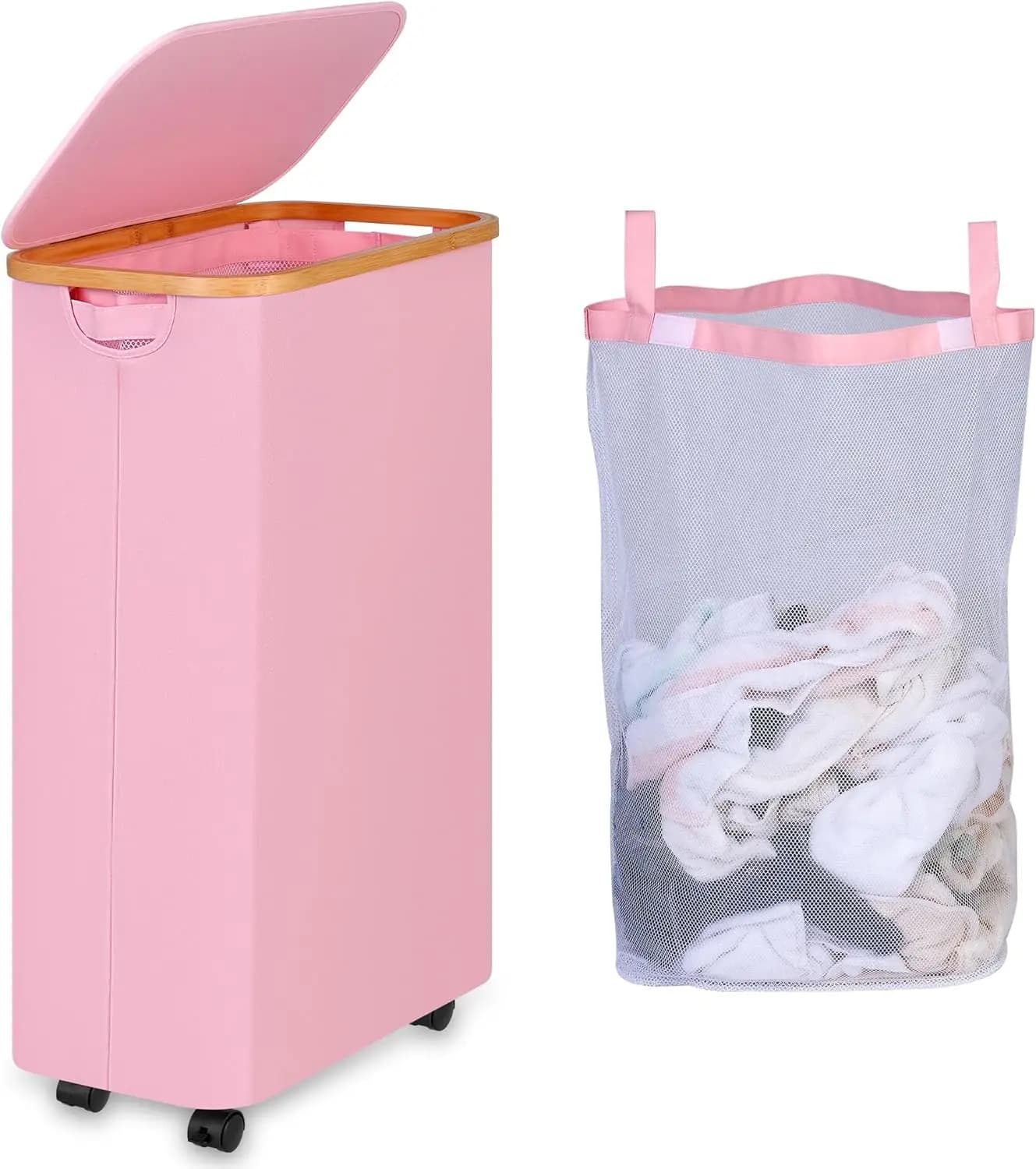 Cesto per Bucato da 75L con Ruote, Cesto Pieghevole per Vestiti con Coperchio e Borsa Interna per Camera da Letto, Dormitorio, Rosa
