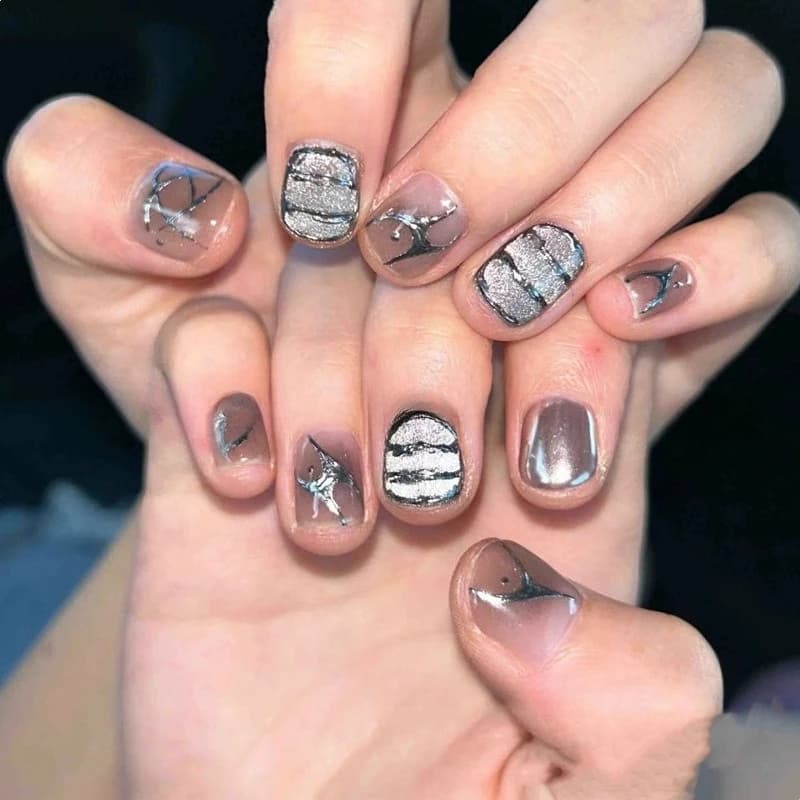 10 Pieces Black Fin Nails Effect Blush Handmade, with Dark Metallic Patterns, Court, Squares and Rounds, Cat Eye Style, for Nail Art