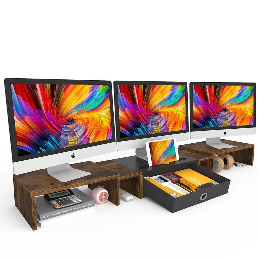 Support for three monitors with drawer, extra large and adjustable for 23 monitors, with phone and tablet space, desk organizer