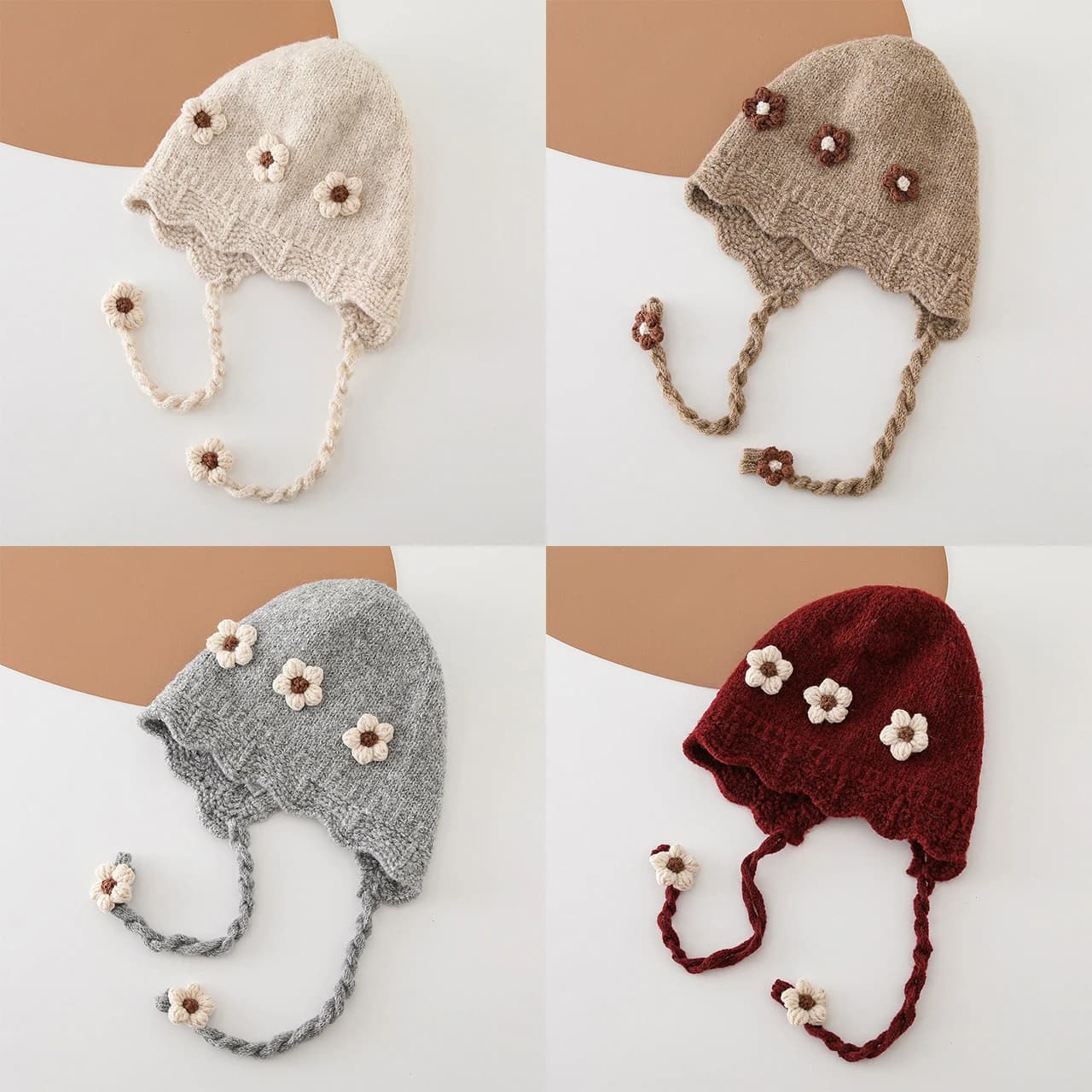 Solid Color Baby Hat Autumn Winter Knit Flower Windproof Ear Protection Lacing Cap Sweet Girls Infant Toddler Beanies Bonnet
