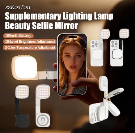 Mobile phone support with magnetic filling light for selfie, mini rechargeable portable makeup mirror, mobile phone support with folding pocket light