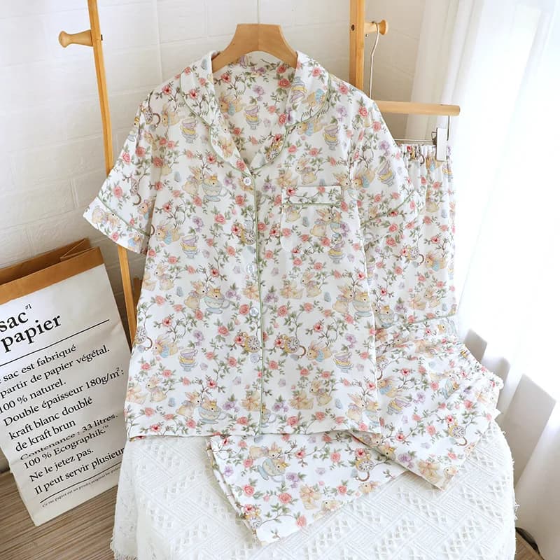 2026 New Summer Women's Pajama Set 100% Cotton Gauze Short Sleeve+Shorts+Pants 3-Piece Cute and Sweet Large Home Furnishing Set