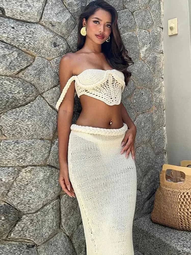 BKQU Gonne in maglia all'uncinetto Set da donna Sexy scava fuori con lacci Crop Top Confezione sui fianchi Gonna lunga divisa Elegante 2 pezzi Abiti da spiaggia