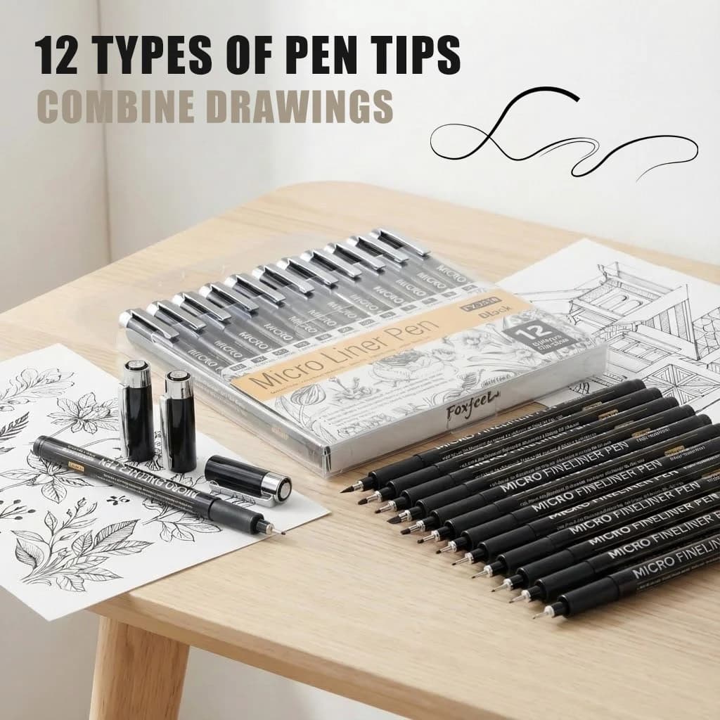 Penne Micro Nere, 12 Misure, Inchiostro Archivabile Impermeabile, Penna a Punta Fine per Illustrazioni Artistiche, Schizzi, Anime, Manga, Disegno Tecnico