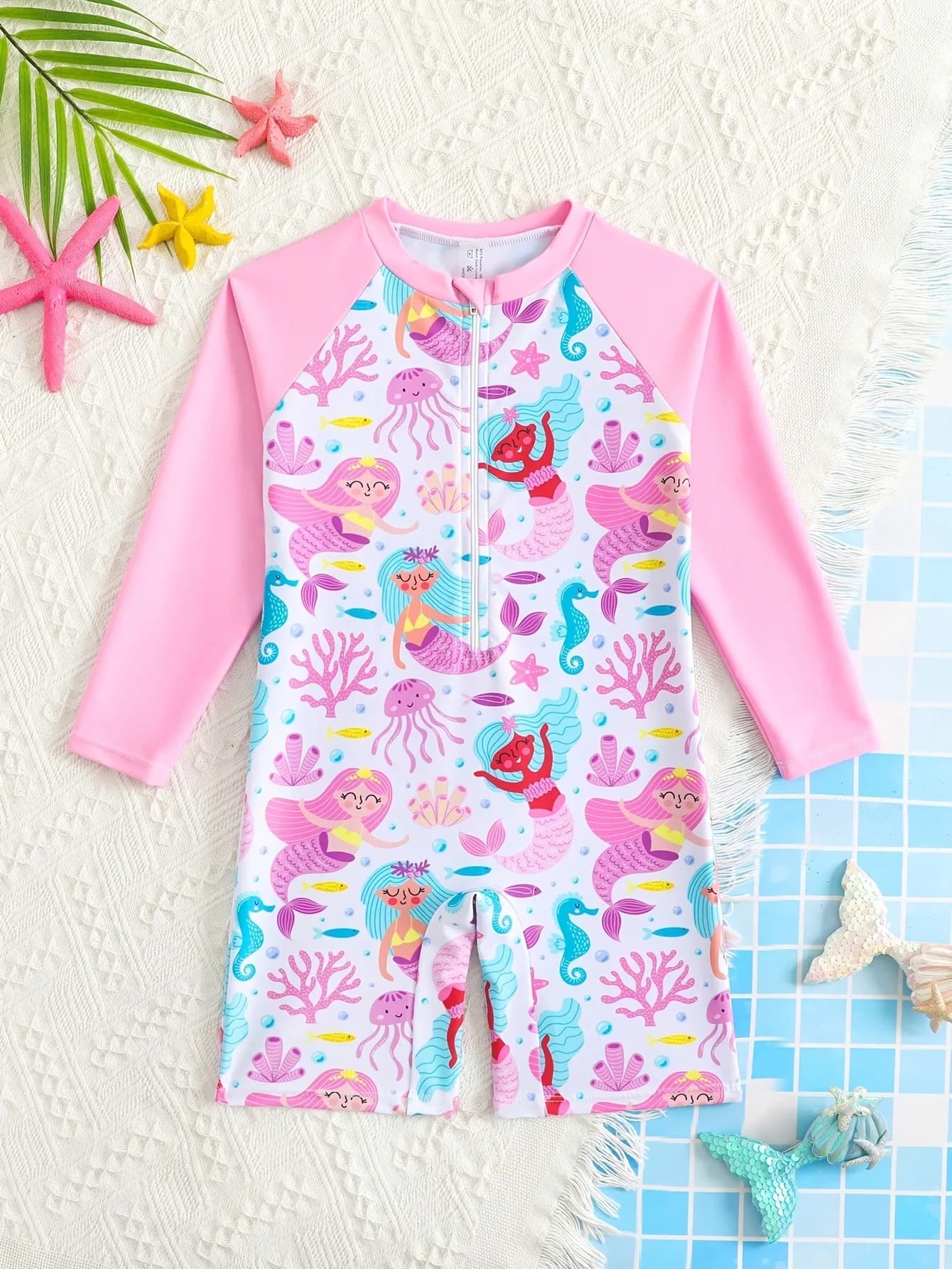 Costume da bagno intero a maniche lunghe per bambine, con stampa a cartoni animati a tema sirena, con cerniera, ad asciugatura rapida, ideale per l'estate, la spiaggia, le vacanze e la piscina.