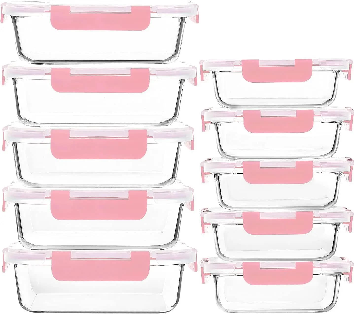 Set di 10 Contenitori in Vetro per Preparazione Pasti con Coperchi Ermetici, Adatti per Microonde e Congelatore, Rosa