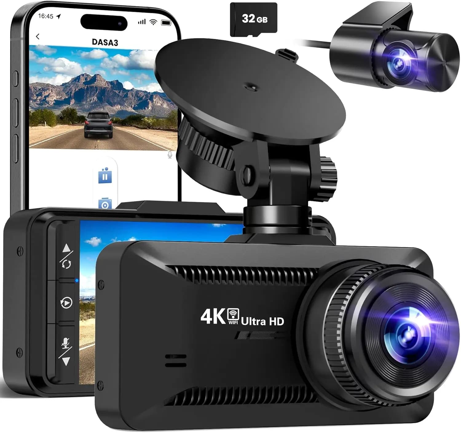 Dash Cam for Car 4K Front and Rear with WiFi, App Control, 3.94''' IPS Screen, G Sensor, Parking Monitor