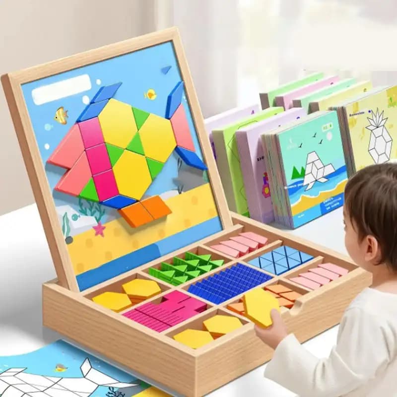 Set di Blocchi Geometrici Magnetici Creativi, Puzzle in Legno, Giocattoli Educativi Classici Montessori Tangram per Bambini