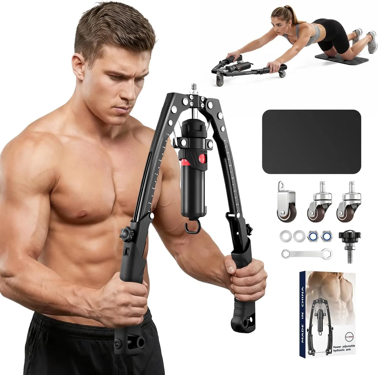Attrezzo Idraulico 3-in-1 per Allenamento Pettorali con Rullo Addominale, Regolabile 22-440 libbre, per Allenamento Braccia Uomini e Donne, Allenamento Completo del Corpo per Palestra Domestica