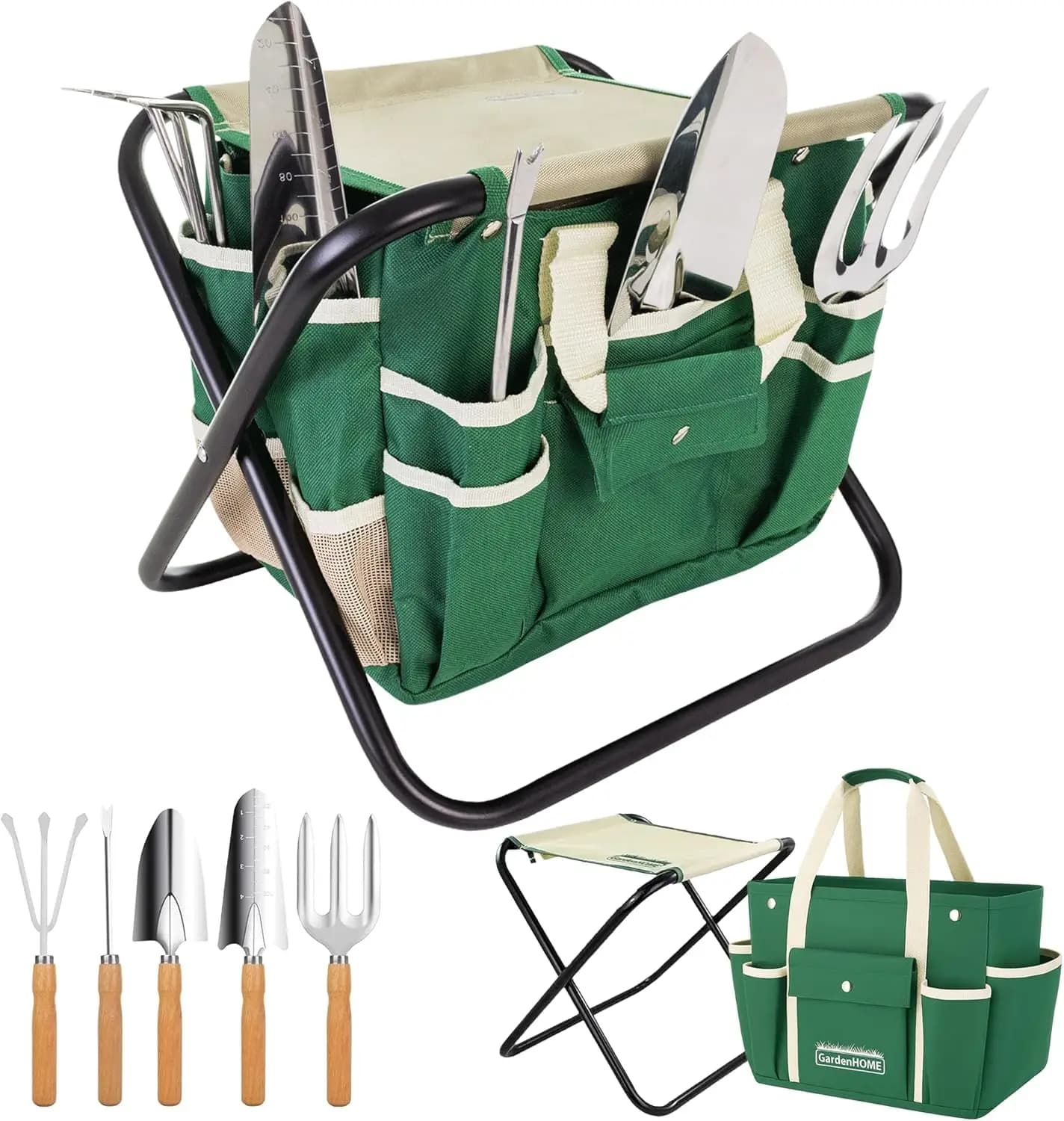 Set of 7 Gardening Tools in stainless steel with Foldable Stool and Canvas, Garden Kit Resistant for Women and Beginners