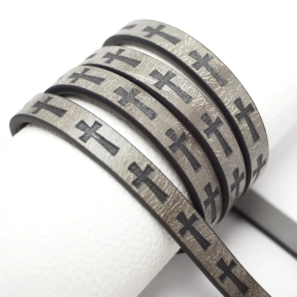 Grey leather cable from 1,15 meters with embossed cross, 10x3 mm leather strip, belt bag handle, creation of key bracelets with chain in life