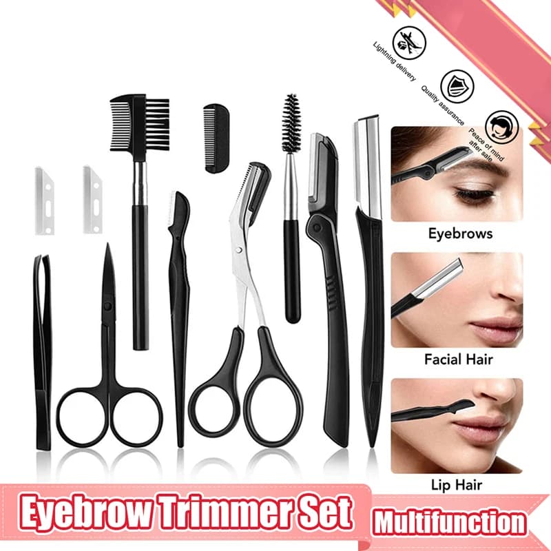Set di 3-11 Pezzi per la Cura delle Sopracciglia: Forbici, Pinzette, Rasoio, Pettine e Clip per Sopracciglia - Strumenti per il Trucco