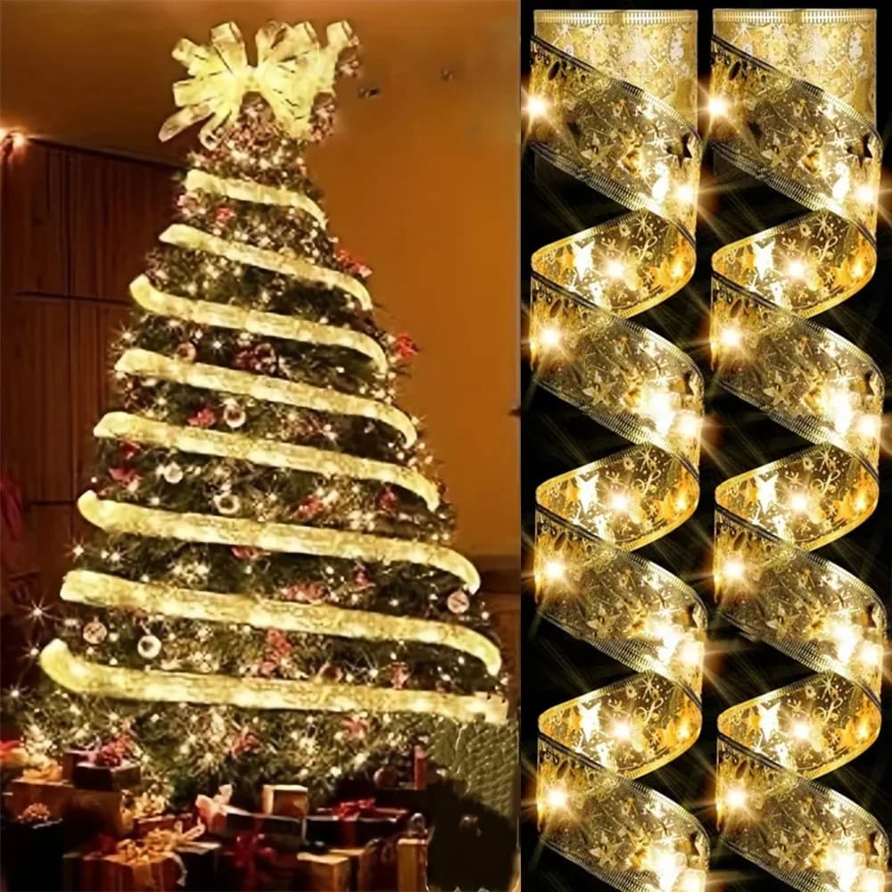 2026 Christmas Tree Bow Ribbon Light String Battery Power New Year 2027 Xmas Ornaments Home Party Navidad Natal Decoration