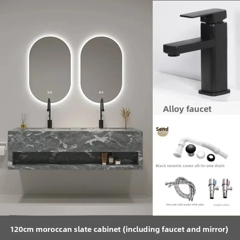 Mobiletto da bagno moderno con lavabo Mobiletto da bagno minimalista in ardesia con specchio intelligente Mobili da bagno con doppio lavabo