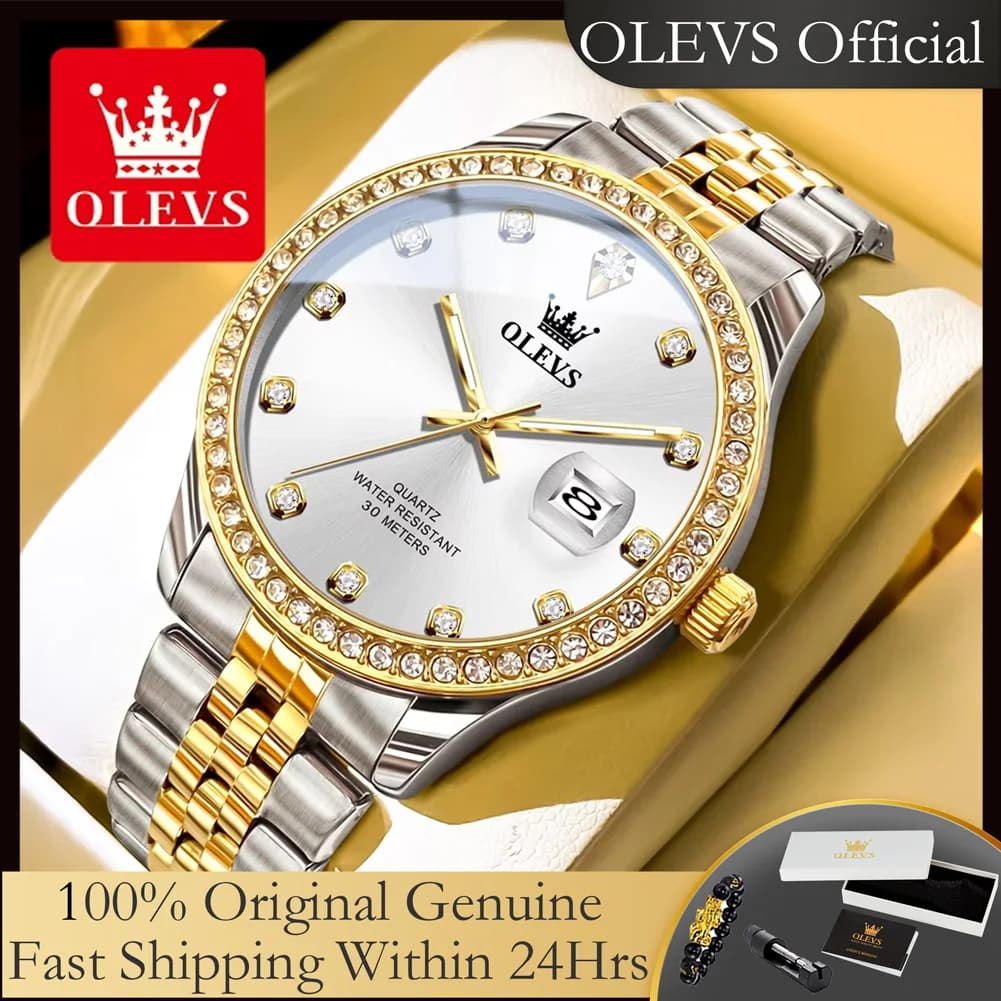 OLEVS 3629 Original Brand Quartz Watch for Men Stainless Steel Waterproof Auto Date Fashion Luxury Diamond Dial Mens Wristwatch